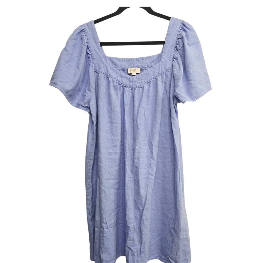 LOFT Light Blue Linen Blend Dress L Cottagecore Coastal Puff Sleeve Shift Mini